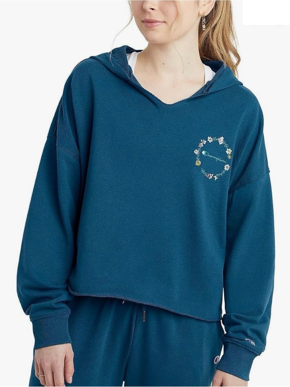 Champion Teal Embroidered Cropped Hoodie - NWT